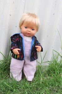 Products: Hooded jacket, black with colour splashes, fits Miniland 38cm dolls