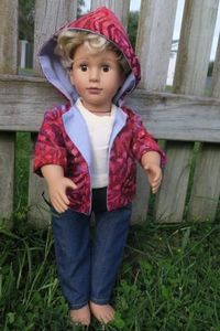 Products: Hooded jacket, maroon batik, fits 46cm doll
