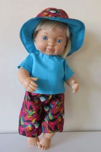 Products: Pants, top and sunhat, blue top, red pants 30cm doll