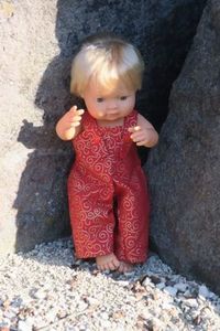 Products: Doll overalls, red with gold swirl, fits 38cm Miniland dolls