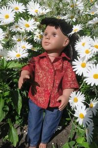 Products: Doll shirt and jeans, red with gold swirls, fits 46cm doll