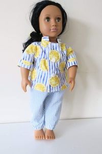 Products: Doll chef outfit, blue and white with lemon print, 46cm doll