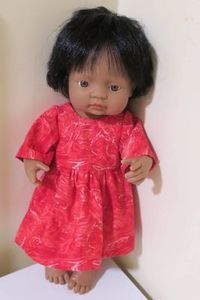 Products: Doll dress, red, marble print, fits 38cm Miniland dolls