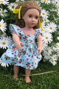 Products: Doll dress, raspberry print, 46cm doll