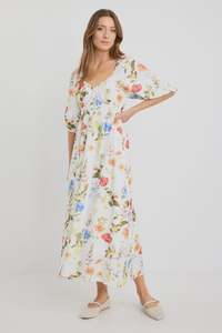 Clothing: Posy Midi Dress / Cream Garden Print