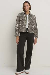 Denim: Echo Patch Pocket Denim Jacket / Leopard Print