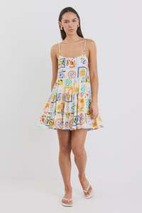 Memphis Strappy Tiered Mini Dress / Holiday Print
