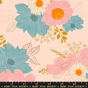 Aqua Teal Fabric: Elixir Salon Floral in Peach Cream