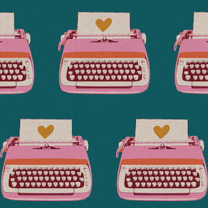 Aqua Teal Fabric: Darlings 2 Typewriters Canvas in Teal