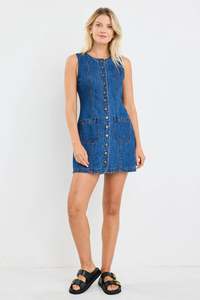 Among The Brave: Among The Brave Avenue Marine Blue Denim Mini Vest Dress - Marine Blue