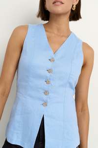 Among The Brave: Among The Brave Eiffel Pale Blue Linen Fitted Longline Vest - Pale Blue