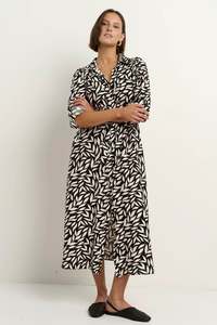 Among The Brave: Among The Brave Cyprus Black Leaves LS Shirt Midi Dress - Black Leaves