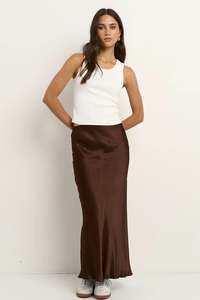 Ivy + Jack Rosette Chocolate Satin Bias Midi Skirt - Chocolate