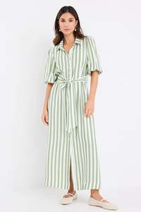 By Rosa: By Rosa Kindred Moss Stripe Puff Sleeve Midi Shirt Dress - Moss Stripe