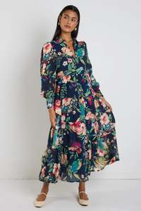 By Rosa: By Rosa - Adair Navy Vibrant Floral Long Sleeve Tiered Shirt Style Maxi Dress