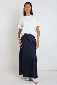 By Rosa: By Rosa Preserve Navy Floaty Satin Bias Maxi Skirt - Navy