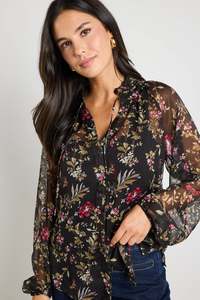 By Rosa: By Rosa Deft Black Posy Floral Sheer LS Blouse - Black Posy Floral