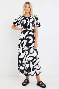 Stories Be Told Stage Black Ivory Cut Out Print Puff Sleeve Floaty Maxi Dress - &hellip;
