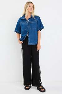 Stories Be Told: Stories Be Told Crucial Storm Blue Denim Short Sleeve Shacket - Storm Blue