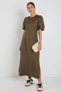 Stories Be Told: Stories Be Told Elder Khaki Linen Blend Puff Sleeve Midi Dress - Khaki