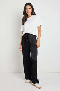 Stories Be Told: Stories Be Told Townie Black Satin Side Stripe Elastic Waist Pants - Black Satin