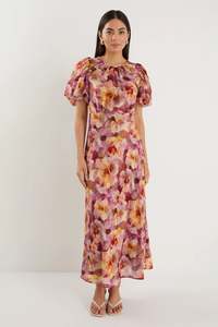 Good Friday Discount: Georgia Mae Exquisite Pink Multi Floral Puff Sleeve Midi Dress - Pink Multi Floral