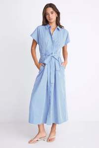 Among The Brave: Among the Brave Camden Bright Blue Stripe Short Sleeve Pleated Midi Shirt Dress