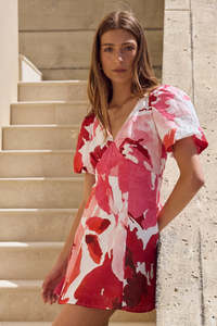 Among the Brave Adelaide White Poppy Floral Puff Sleeve Panelled Mini Dress