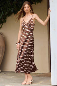 Among The Brave: Among the Brave Otherworldly Chocolate Polka Dot Satin Bias Slip Midi Dress