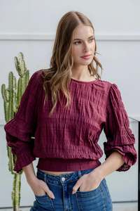 Ivy + Jack Imagine Burgundy Shirred Cotton Frill Sleeve LS Top
