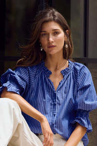 Ivy + Jack Noetic Dark Blue Stripe Short Sleeve Blouse