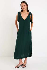 Stories Be Told Spontaneous Forest Tie Shoulder Relaxed Midi Dress