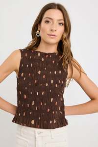 Stories Be Told: Stories Be Told Forsaken Chocolate Multi Polka Dot Shirred Sleeveless Shell Top