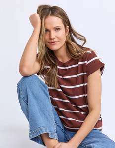 Good Friday Discount: Foxwood Manly Stripe Tee - Choc/White Stripe