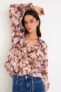 Among The Brave: Among The Brave Odyssey Blush Chocolate Floral Shirred Neck LS Top - Blush Chocolate Floral