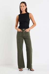 Among The Brave: Among The Brave Zoey Dark Khaki High Rise Wide Leg Pocket Jean - Dark Khaki
