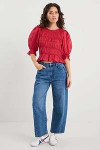 Ivy Jack: Ivy + Jack Melodic Red SS Shirred Body Top - Red