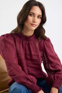 By Rosa Poet Burgundy Plum Sheer Long Sleeve High Neck Top - Burgundy Plum