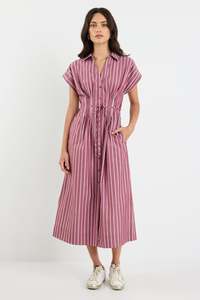 Stories Be Told Carriage Burgundy Stripe Sleeveless Pintuck Midi Shirt Dress - B&hellip;