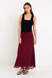 Stories Be Told: Stories Be Told Emporium Burgundy Polka Dot Satin Bias Cut Midi Skirt - Burgundy Polka