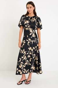Stories Be Told Stage Black Beige Floral Satin Puff Sleeve Floaty Maxi Dress - B&hellip;