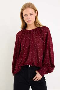 Stories Be Told Cosmopolitan Burgundy Polka Dot Crew Neck Floaty LS Top - Burgundy Polka Dot