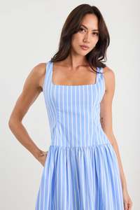 Stories Be Told Gilded Blue Stripe Sleeveless Square Neck Maxi Dress