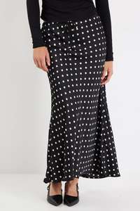 Stories Be Told: Stories Be Told Rarity Black White Polka Dot Satin Tie Waist Bias Maxi Skirt - Black/White Spot