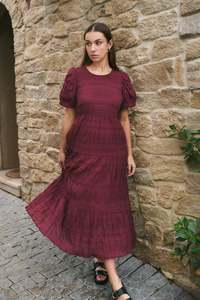 Ivy Jack: Ivy + Jack Graceful Burgundy Shirred Cotton Bubble Short Sleeve Tiered Maxi Dress