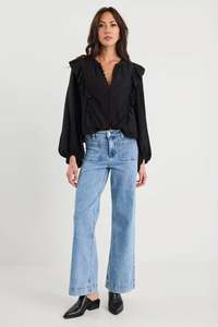 Ivy + Jack Integrity Black Sheer Frill Detail Long Sleeve Top