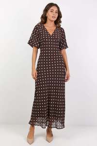 Among The Brave: Among the Brave Aura Chocolate Polka Dot Puff Short Sleeve Bias Midi Dress