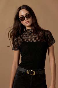 Among The Brave: Among The Brave Providing Black Lace Short Sleeve Top - Black