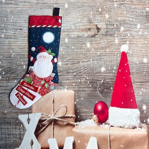 Products: Stocking – Santa Stops Here – Left – StitchGirl