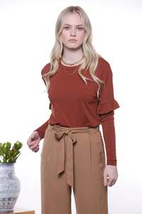 Mid Sleeve Tops: Ruffle Sleeve LS Tee - Rust